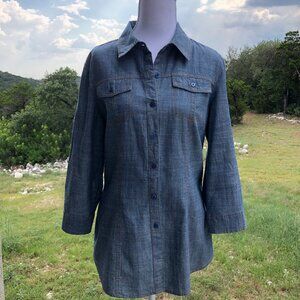 Womens Blue Denim Top Size S Long Sleeve Roll Tab Button Down H&O Casual